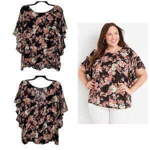 Maurices Plus Size 4X Floral Blouse Flutter Sleeve Scoop Neck Crinkle Gauze